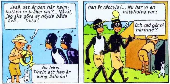 Hergé brøt med sin ellers korrekte stil for å tegne svarte afrikanere stereotypt, ifølge proefssor Joanna Rubin Dranger. (Fra Tintin i Congo av Georges Prosper Remi (1907-1983). (Foto: (Illustrasjon: HergéMoulinsart))