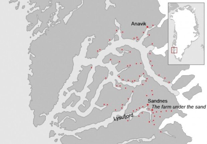 Kart over ruiner etter bosetningene i Vesterbygd i Nuuk-området på Grønland. Vesterbygd var hjemsted for norrøne folk i 500 år, inntil været og mengden av is i fjordene gjorde det umulig å opprettholde et samfunn. I mange tiår levde Vesterbygd av blant annet korn som ble dyrket i sør, ved Austerbygd. (Foto: (Illustrasjon: Wikimedia Commons)) Kart over ruiner etter bosetningene i Vesterbygd i Nuuk-området på Grønland. Vesterbygd var hjemsted for norrøne folk i 500 år, inntil været og mengden av is i fjordene gjorde det umulig å opprettholde et samfunn. I mange tiår levde Vesterbygd av blant annet korn som ble dyrket i sør, ved Austerbygd. (Foto: (Illustrasjon: Wikimedia Commons))