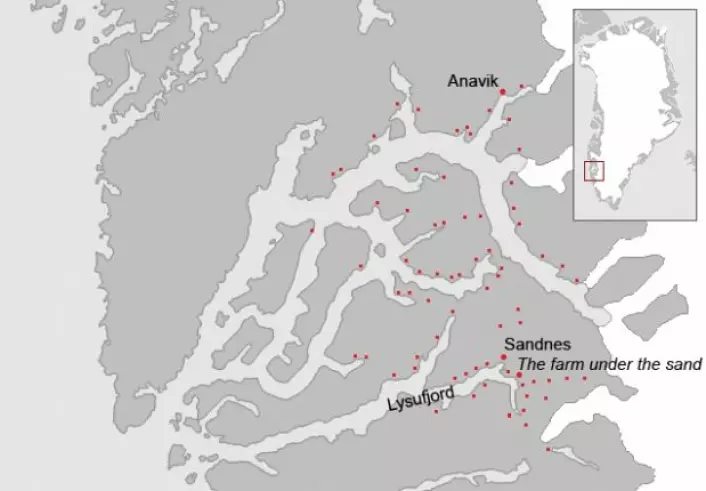 Kart over ruiner etter bosetningene i Vesterbygd i Nuuk-området på Grønland. Vesterbygd var hjemsted for norrøne folk i 500 år, inntil været og mengden av is i fjordene gjorde det umulig å opprettholde et samfunn. I mange tiår levde Vesterbygd av blant annet korn som ble dyrket i sør, ved Austerbygd. (Foto: (Illustrasjon: Wikimedia Commons))