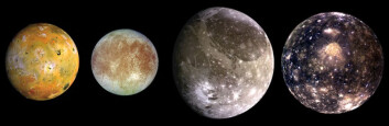 Jupiters store måner, fra venstre: Io, Europa, Ganymede og Callisto. (Foto: NASA) Jupiters store måner, fra venstre: Io, Europa, Ganymede og Callisto. (Foto: NASA)