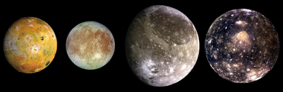 Jupiters store måner, fra venstre: Io, Europa, Ganymede og Callisto. (Foto: NASA)