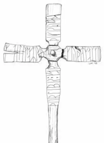 Trekors fra Herjolfsnes i Østerbygden på Grønland. Teksten lyder «Thorleif gjorde dette korset til å ære og tilbe den allmektige Gud.» (Foto: Nationalmuseet)