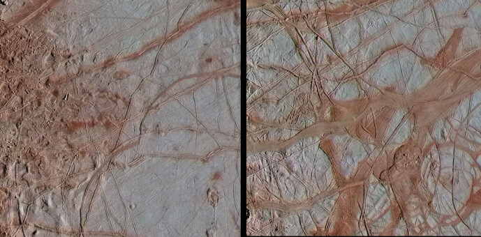 Europas overflate, hvor du kan se tydelige linjer i isen. Disse bildene stammer også fra Galileo-sonden, og er tatt i 1998. Europas overflate, hvor du kan se tydelige linjer i isen. Disse bildene stammer også fra Galileo-sonden, og er tatt i 1998.