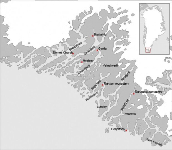 Kart over ruiner etter bosetningene i Austerbygd. Austerbygd holdt liv i Vesterbygd i flere tiår etter at den mindre bosetningen ble isolert av havis og et kaldere og mer voldsomt klima. (Foto: (Illustrasjon: Wikimedia Commons)) Kart over ruiner etter bosetningene i Austerbygd. Austerbygd holdt liv i Vesterbygd i flere tiår etter at den mindre bosetningen ble isolert av havis og et kaldere og mer voldsomt klima. (Foto: (Illustrasjon: Wikimedia Commons))