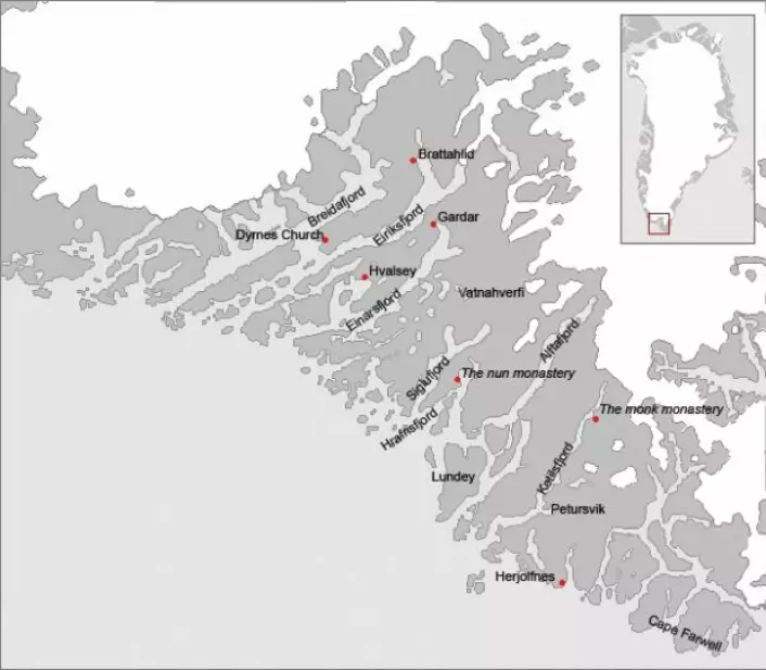Kart over ruiner etter bosetningene i Austerbygd. Austerbygd holdt liv i Vesterbygd i flere tiår etter at den mindre bosetningen ble isolert av havis og et kaldere og mer voldsomt klima. (Foto: (Illustrasjon: Wikimedia Commons))