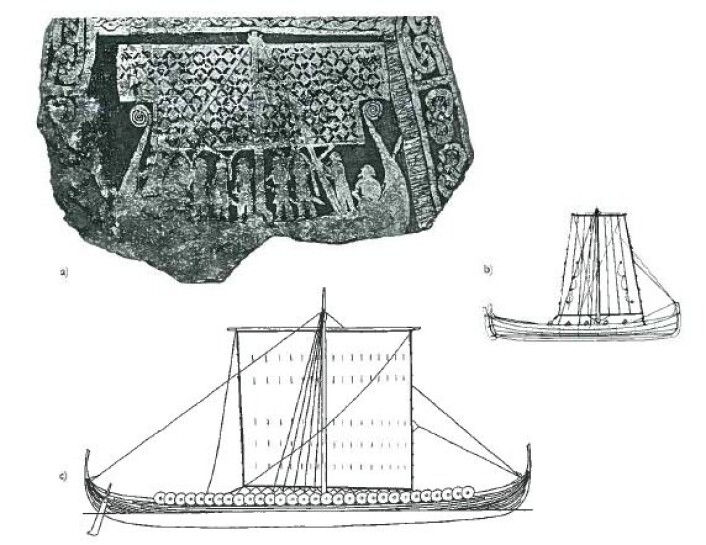 På denne bildesteinen fra Gotland ser vi et krigsskip fra 900-tallet, gjengitt med et kort, men bredt seil. Til sammenligning en rekonstruksjon av Skuldelev 2, også kalt «Havhingsten», med et kvadratisk seil. Til høyre i bildet en norsk seilbåt fra 1800-tallet. (Foto: Aarbøger for nordisk oldkyndighet og historie, Det kongelige nordiske oldskriftselskaben, København 2009) På denne bildesteinen fra Gotland ser vi et krigsskip fra 900-tallet, gjengitt med et kort, men bredt seil. Til sammenligning en rekonstruksjon av Skuldelev 2, også kalt «Havhingsten», med et kvadratisk seil. Til høyre i bildet en norsk seilbåt fra 1800-tallet. (Foto: Aarbøger for nordisk oldkyndighet og historie, Det kongelige nordiske oldskriftselskaben, København 2009)