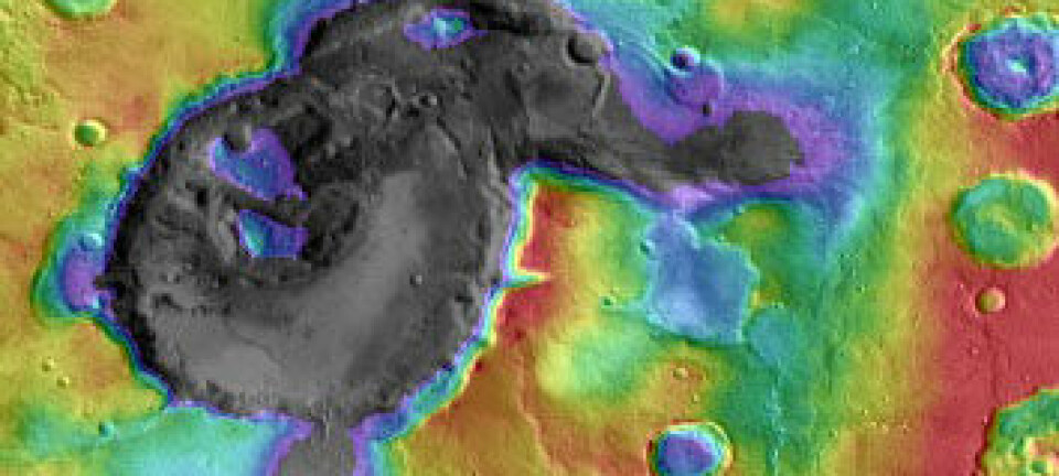 Høydedata og temperaturdata er lagt sammen over dette bildet av Eden Patera, det mest typiske eksemplet på rester etter supervulkaner på Mars. Kalderaen er omtrent 1800 meter dyp og 70 kilometer lang på det bredeste. NASA/JPL/GSFC/Arizona State University