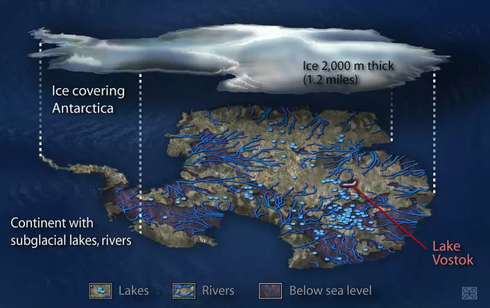 En illustrasjon av innsjøer og elver under iskappen over det Antarktiske kontinentet.