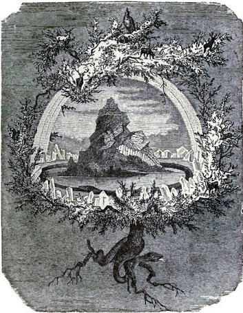 Yggdrasil, det gigantiske treet der alle de ni verdnene i den norrøne mytologien skulle finnes, tegnet av Friedrich Wilhelm Heine i 1886. (Foto: (Wikimedia Commons)) Yggdrasil, det gigantiske treet der alle de ni verdnene i den norrøne mytologien skulle finnes, tegnet av Friedrich Wilhelm Heine i 1886. (Foto: (Wikimedia Commons))