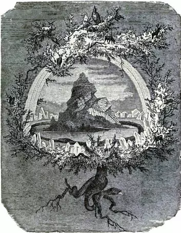 Yggdrasil, det gigantiske treet der alle de ni verdnene i den norrøne mytologien skulle finnes, tegnet av Friedrich Wilhelm Heine i 1886. (Foto: (Wikimedia Commons))