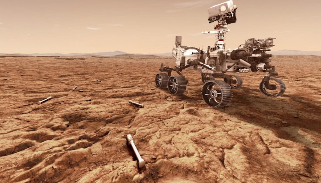 Slik ser NASA for seg at Perseverance-roveren skal legge igjen prøver av Mars-overflaten. Slik ser NASA for seg at Perseverance-roveren skal legge igjen prøver av Mars-overflaten.