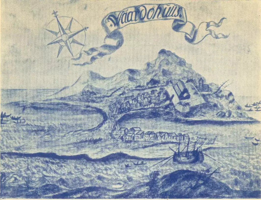 Illustrasjon av Vardø og Vardøhus frå 1698, henta frå amtmann Lilienskiolds verk «Speculum Boreale».