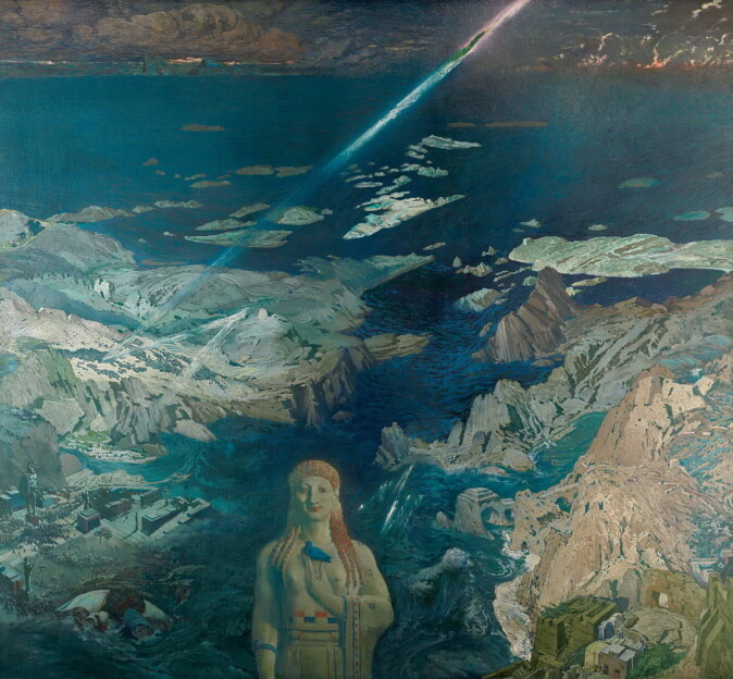 Måleriet «Terror Antiquus» (1908) av den russiske kunstnaren Léon Bakst visar Atlantis' undergang. Måleriet «Terror Antiquus» (1908) av den russiske kunstnaren Léon Bakst visar Atlantis' undergang.