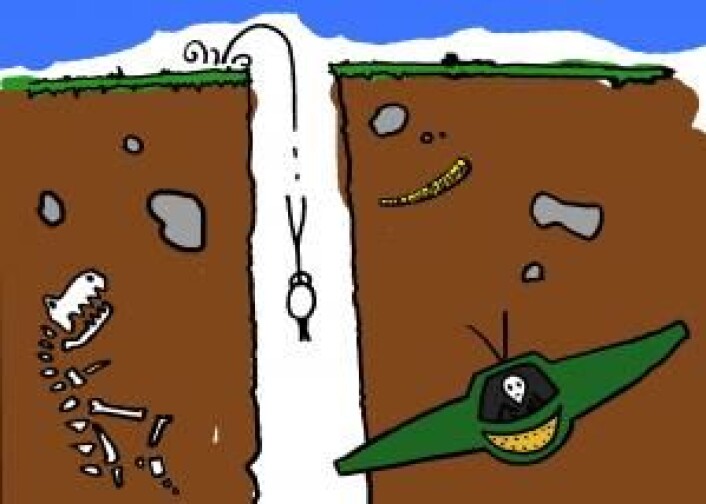 Når du faller opp av hullet på den andre siden av jorden, vil du henge stille i et kort øyeblikk – men hvis ikke noen står klar til å gripe fatt i deg, faller du tilbake igjen. Og slik kan man fortsette i all evighet. (Foto: (Illustrasjon: Kristian Secher, Videnskab.dk)) Når du faller opp av hullet på den andre siden av jorden, vil du henge stille i et kort øyeblikk – men hvis ikke noen står klar til å gripe fatt i deg, faller du tilbake igjen. Og slik kan man fortsette i all evighet. (Foto: (Illustrasjon: Kristian Secher, Videnskab.dk))