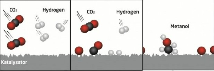 Illustrasjonen viser hvordan CO₂ gjøres om til metanol med den nye teknikken. I første trinn blir CO₂ og hydrogen blandet. I neste trinn sørger katalysatoren for at stoffene reagerer med hverandre og danner metanol – som vist i trinn tre. (Foto: (Illustrasjon: Anne Hansen /DTU))