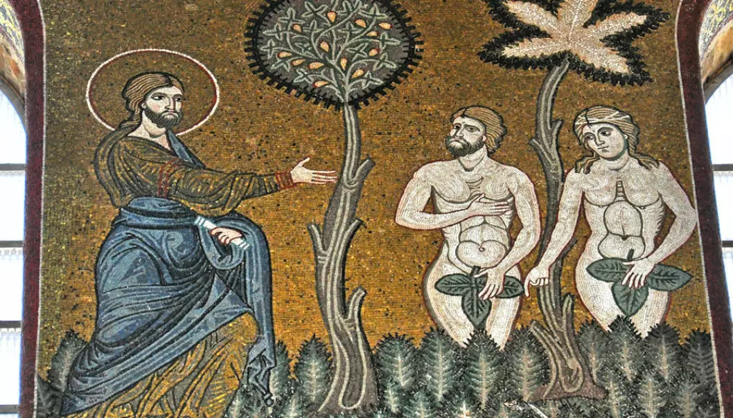 Gud sier «Adam, hvor er du? Og hvem har fortalt deg at du er naken?» Adam forsvarer seg overfor Gud ved å skylde på Eva. Her er scenen illustrert i en mosaikk i Monrealekatedralen på Sicilia.
