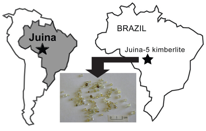 Figuren viser hvor Juina ligger i Brasil. Det innfelte bildet av diamantene viser hvor små de er. Flere tusen har blitt undersøkt for å finne noen med inneslutninger. (Foto: Science/AAAS) Figuren viser hvor Juina ligger i Brasil. Det innfelte bildet av diamantene viser hvor små de er. Flere tusen har blitt undersøkt for å finne noen med inneslutninger. (Foto: Science/AAAS)