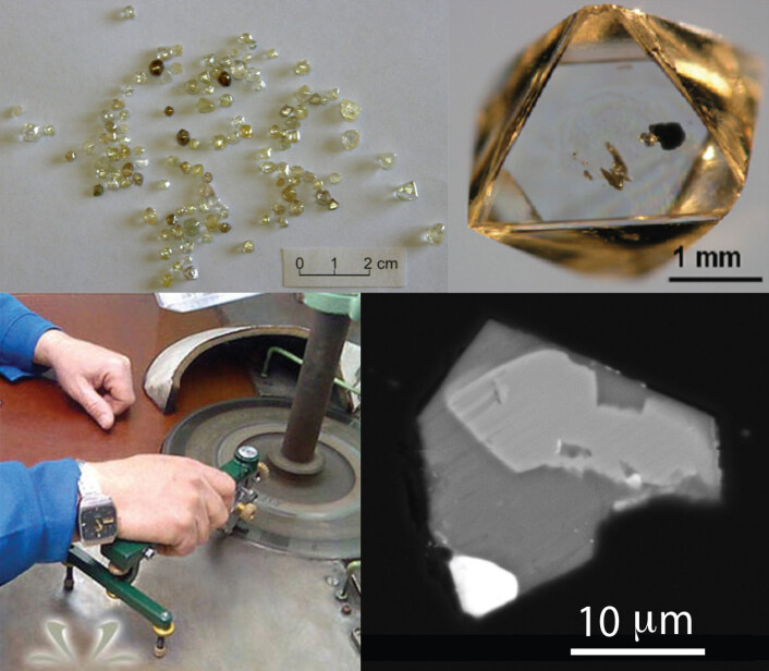 Rå diamanter undersøkes for inneslutninger. Nøkkelen er å polere dem på et slikt slipehjul for å kunne titte på innsiden. (Foto: Science/AAAS) Rå diamanter undersøkes for inneslutninger. Nøkkelen er å polere dem på et slikt slipehjul for å kunne titte på innsiden. (Foto: Science/AAAS)