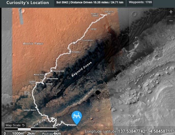 Den hvite linjen viser hele reisen til Curiosity siden den startet. Nå klatrer den opp siden av Mount Sharp, et 5,5 km høyt fjell på Mars. Den hvite linjen viser hele reisen til Curiosity siden den startet. Nå klatrer den opp siden av Mount Sharp, et 5,5 km høyt fjell på Mars.