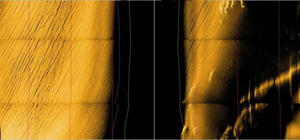 Sonarbilde fra Kongsberg Maritimes autonome undervannsfarkost «Hugin» fra 300 meters dyp i Ytre Oslofjord. Sporene er laget av tråldørene, og den svarte skyggen i midten er sonarens «blindsone».