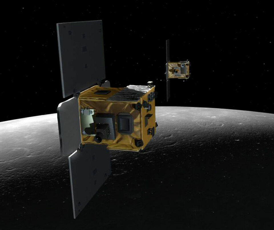 De to GRAIL-sondene Ebb og Flow gikk  i baner som tok dem helt ned mot 8 kilometer over de høyeste månefjellene. Den første runden med observasjoner fant sted våren 2012. De siste observasjonene ble avsluttet i begynnelsen av desember 2012. Til slutt krasjet de to sondene i månen. (Foto: (Illustrasjon: NASA/JPL-Caltech/MIT))