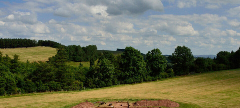 Utgravningsfeltet ved Dorstone Hill, Herefordshire. Her finnes restene etter to haller som ble satt i brann for rundt 6 000 år siden. Manchester University