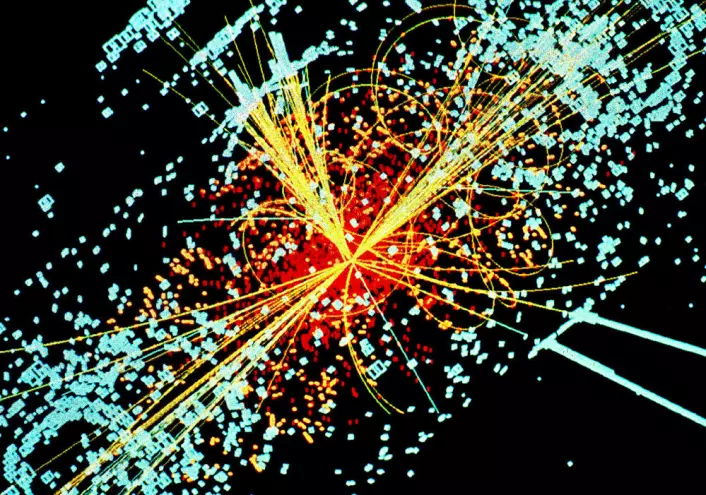 Simulert datamodell av partikkelkollisjon som lager blant annet Higgs-boson eller de nyoppdagede baryonene. (Foto: (Bilde: Lucas Taylor, CERN))