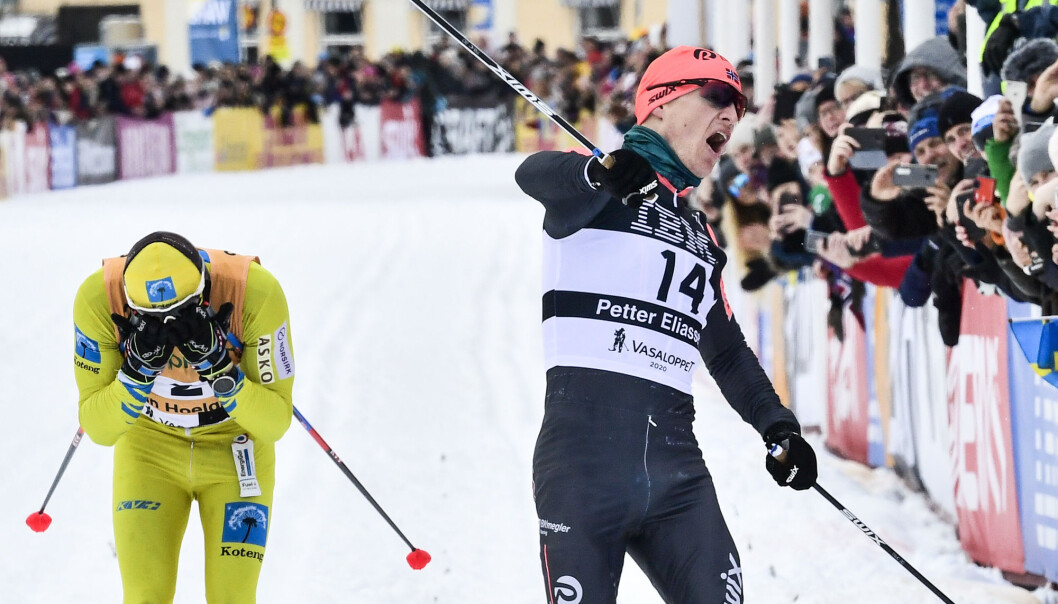 Norske Petter Eliassen vant herreklassen i Vasaloppet 2020 etter en spurt mot svenske Stian Hoelgaard. Norske Petter Eliassen vant herreklassen i Vasaloppet 2020 etter en spurt mot svenske Stian Hoelgaard.