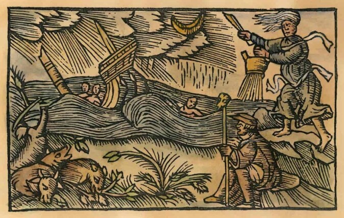 Ei trollkvinne kaster heksegrytens innhold på havet og forårsaker uvær, skipsforlis og død. – Mange europeiske hekser ble anklaget for å ha drevet med ondskapsfull værmagi, sier historiker Rune Blix Hagen. De orginale tegningene i boka var uten farger, men noen er fargesatt i etterkant. Ei trollkvinne kaster heksegrytens innhold på havet og forårsaker uvær, skipsforlis og død. – Mange europeiske hekser ble anklaget for å ha drevet med ondskapsfull værmagi, sier historiker Rune Blix Hagen. De orginale tegningene i boka var uten farger, men noen er fargesatt i etterkant.