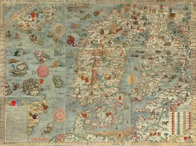Olaus Magnus sitt rikt illustrerte kart over de nordiske landene, <span class=" italic" data-lab-italic_desktop="italic">Carta Marina</span>, er overdådig illustrert med vesener og forestillinger fra folkeliv og folketro.