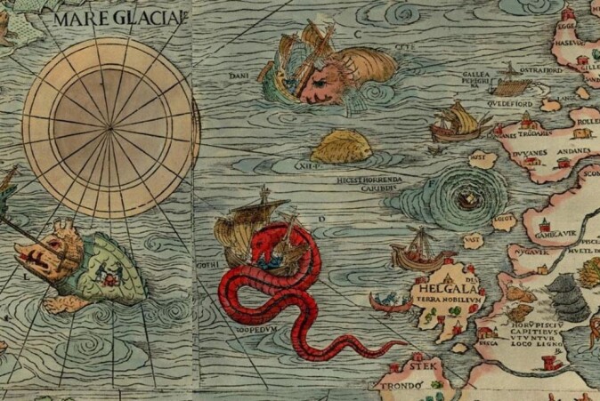 I Carta Marina vises den fryktede Moskenesstrømmen i Lofoten, som plutselig åpnet seg og slukte skip med mann og mus. I Carta Marina vises den fryktede Moskenesstrømmen i Lofoten, som plutselig åpnet seg og slukte skip med mann og mus.