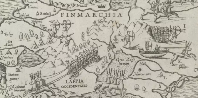 Folk og natur i Nordkalotten slik Olaus Magnus illustrerer det i Carta Marina.