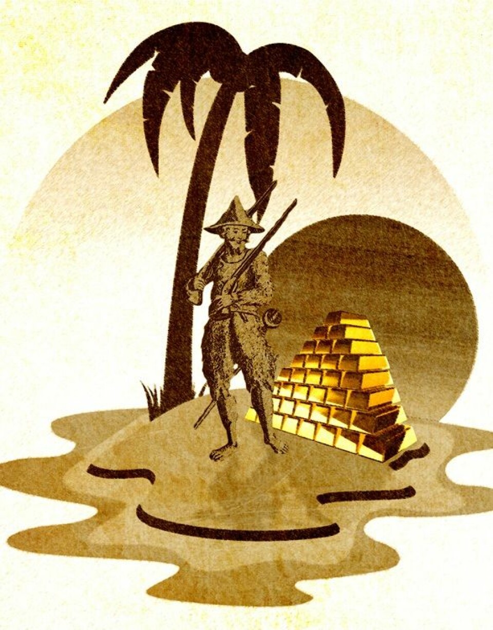 Selv om Robinson Crusoe fant en hel haug med gull på øya si, og ble 'rik', ville ikke det hjelpe ham når det ikke blir flere til å utføre arbeidet han kunne tenke seg å betale for. (Foto: (Montasje: Colourbox/Wikimedia))
