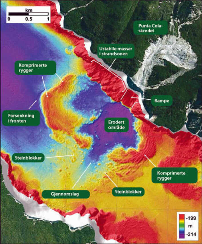 Her er Aysén-fjorden sør i Chile. Illustrasjonen viser blant annet enorme deformasjoner på fjordbunnen. (Foto: (Illustrasjon: NGU)) Her er Aysén-fjorden sør i Chile. Illustrasjonen viser blant annet enorme deformasjoner på fjordbunnen. (Foto: (Illustrasjon: NGU))