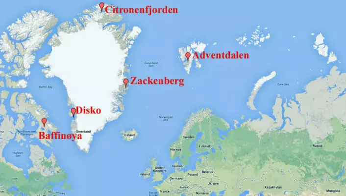Studien er basert fra prøver fra ulike steder i Arktis. (Foto: (Kart: Google Maps/tilpasset forskning.no))