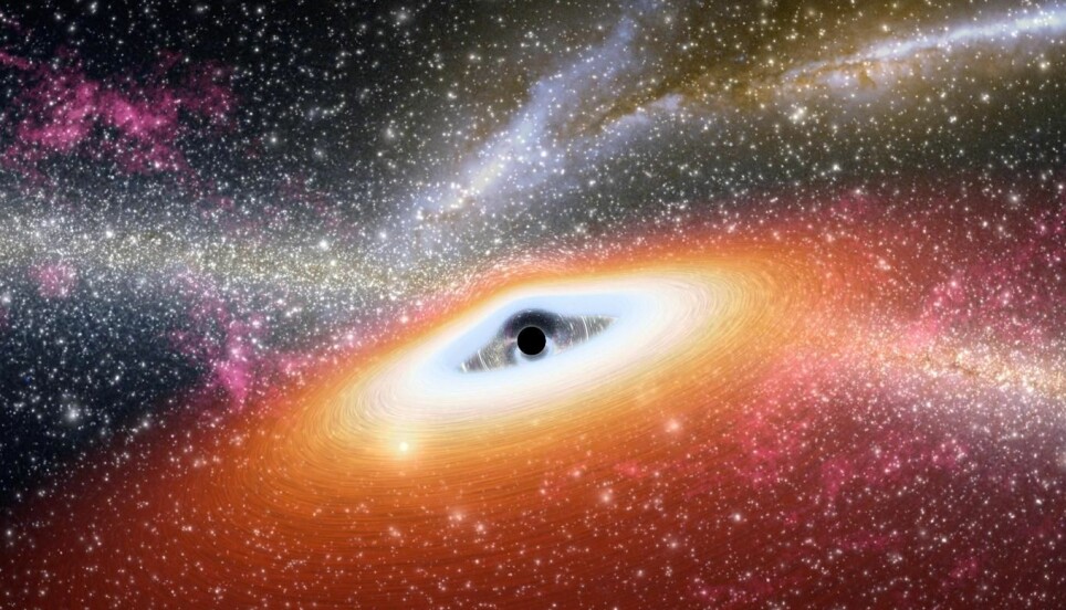 En kunstners fremstilling av en stjernerik galakse med et ungt supermassivt svart hull.