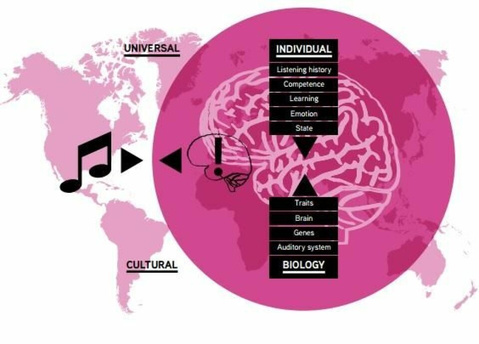 Når vi hører på musikk, prøver hjernen hele tiden å forutsi musikkens struktur basert på noen generelle, kulturelle og individuelle «regler». Når forskerne evaluerer effekten av musikkintervensjon i klinisk henseende, er det derfor nødvendig å vurdere hvilket av de tre man vil påvirke. (Foto: (Grafikk: Hvitboken «Music interventions in Health care»))