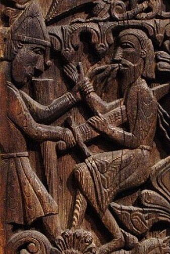 In this scene, from Hylestad stavechurch, Sigurðr kills his fosterfather, Reginn, after being warned by birds he was planning to betray him. In this scene, from Hylestad stavechurch, Sigurðr kills his fosterfather, Reginn, after being warned by birds he was planning to betray him.