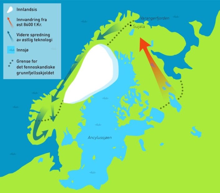 Arkeologiske funn tyder på innvandring og kulturkontakt fra dagens Russland til Nord-Finland og Finnmark for 10 000 år siden. Teknologien fra øst spredte seg deretter sørover langs norskekysten. (Foto: (Kart: David Brabrand/Asle Rønning/forskning.no, kilder: figur 36 i Rankama og Kankaanpää 2011 og figur 10 i Sørensen et al. 2013)) Arkeologiske funn tyder på innvandring og kulturkontakt fra dagens Russland til Nord-Finland og Finnmark for 10 000 år siden. Teknologien fra øst spredte seg deretter sørover langs norskekysten. (Foto: (Kart: David Brabrand/Asle Rønning/forskning.no, kilder: figur 36 i Rankama og Kankaanpää 2011 og figur 10 i Sørensen et al. 2013))