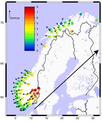 Figuren viser jordskorpebevegelser i Norge målt med GPS:Den lange pilen er bevegelsen for den Eurasiske plate (Europa og Asia), de kortere pilene viser avvik fra denne bevegelsen. Vi ser en syd-øst til øst bevegelse i Syd-Norge og en mer nordvestlig bevegelse i nord, dette skyldes i hovedsak en bevegelse bort fra maksimum istykkelse i siste istid. Fargene representerer landheving. Landhevingen er høyest i Trysil og minst på Vestlandskysten. (Foto: (Ill.: Halfdan P. Kierulf, Kartverket)) Figuren viser jordskorpebevegelser i Norge målt med GPS:Den lange pilen er bevegelsen for den Eurasiske plate (Europa og Asia), de kortere pilene viser avvik fra denne bevegelsen. Vi ser en syd-øst til øst bevegelse i Syd-Norge og en mer nordvestlig bevegelse i nord, dette skyldes i hovedsak en bevegelse bort fra maksimum istykkelse i siste istid. Fargene representerer landheving. Landhevingen er høyest i Trysil og minst på Vestlandskysten. (Foto: (Ill.: Halfdan P. Kierulf, Kartverket))