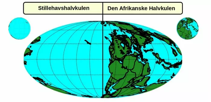 Illustrasjonen viser kontinentenes posisjon for 250 millioner år siden med superkontinentet Pangea på Den afrikanske halvkulen.