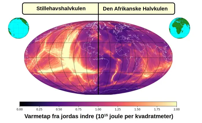 Varmetapet har vært størst der Stillehavet ligger i dag de siste 400 millioner år. Kontinentene er vist i dagens posisjon. Varmetapet har vært størst der Stillehavet ligger i dag de siste 400 millioner år. Kontinentene er vist i dagens posisjon.