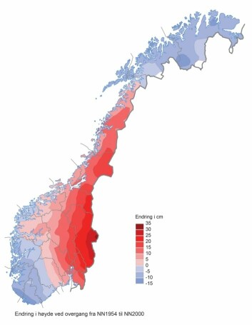 Her er endringene når Norge går over til det nye høydesystemet NN2000. Trykk på forstørrelsesglasset for å se større bilde. (Foto: (Illustrasjon: Kartverket))