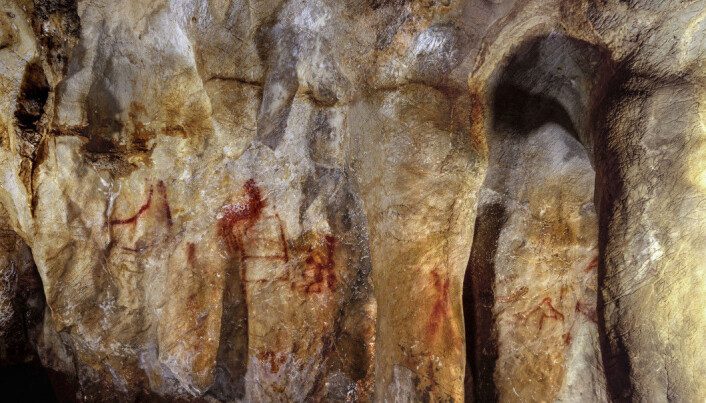 Et av maleriene, den som ser ut som en rød stige, kan være laget av neandertalere. Et av maleriene, den som ser ut som en rød stige, kan være laget av neandertalere.