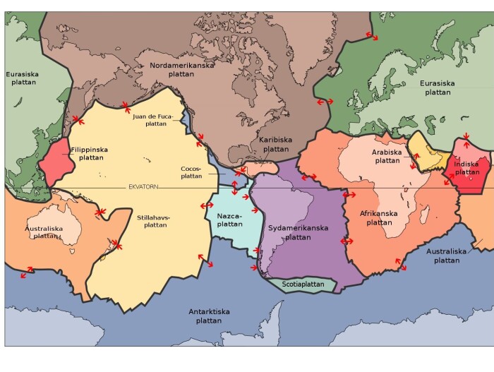 De store kontinentalplatene er Afrika, Australia, Nord-Amerika, Sør-Amerika, Arabia, India og Eurasia. Det finnes også mindre plater. Under Stillehavet ligger den enorme Stillehavsplaten. Navnene står her på svensk. De store kontinentalplatene er Afrika, Australia, Nord-Amerika, Sør-Amerika, Arabia, India og Eurasia. Det finnes også mindre plater. Under Stillehavet ligger den enorme Stillehavsplaten. Navnene står her på svensk.