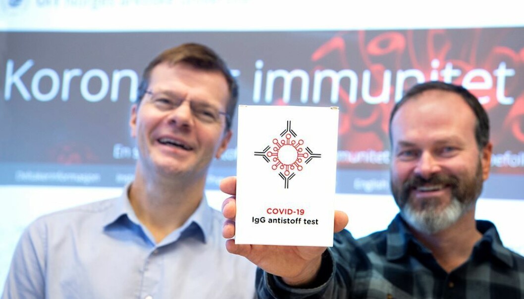 Professor Torkjel M. Sandanger (t.v.) og førsteamanuensis Erik Eik Anda har funnet ut hvor mange av 28 000 nordmenn som har antistoffer mot koronaviruset.