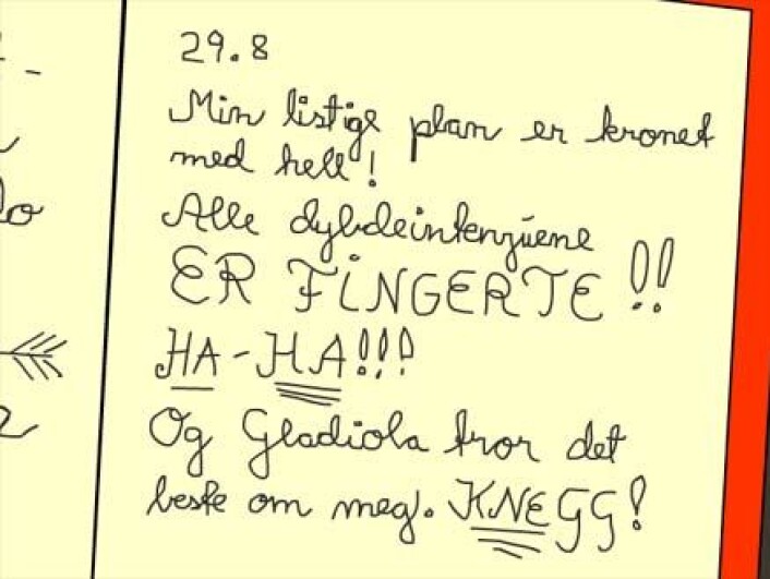Det famøse innlegget i Snodricks dagbok som avslører hans forskerfusk. Det famøse innlegget i Snodricks dagbok som avslører hans forskerfusk.