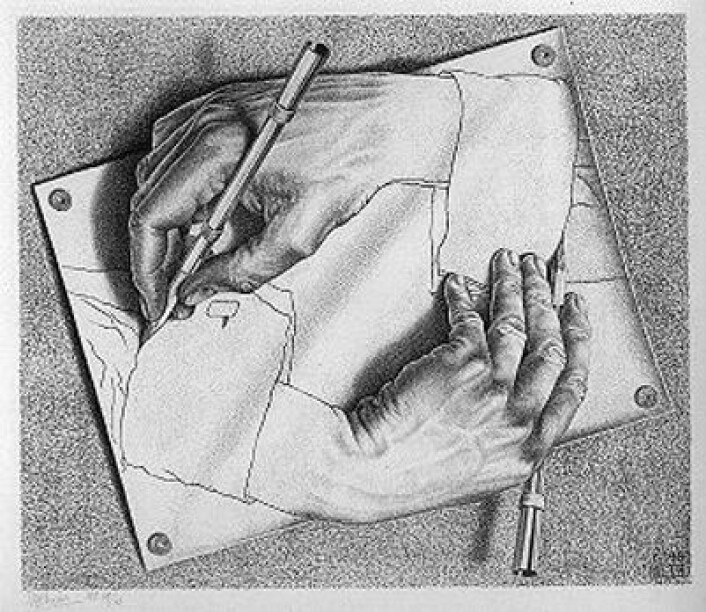Maurits Cornelis Escher: Tekenende handen, 1948. (Foto: (Bilde: M.C.Escher, Wikimedia Commons)) Maurits Cornelis Escher: Tekenende handen, 1948. (Foto: (Bilde: M.C.Escher, Wikimedia Commons))