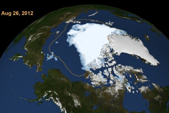 Illustrasjonen viser den rekordlåge havisutbreiinga i Arktis 26. august 2012 samanlikna med gjennomsnittleg sommarutbreiing dei siste 30 åra (gul linje). (Foto: Scientific Visualization Studio, NASA Goddard Space Flight Center) Illustrasjonen viser den rekordlåge havisutbreiinga i Arktis 26. august 2012 samanlikna med gjennomsnittleg sommarutbreiing dei siste 30 åra (gul linje). (Foto: Scientific Visualization Studio, NASA Goddard Space Flight Center)