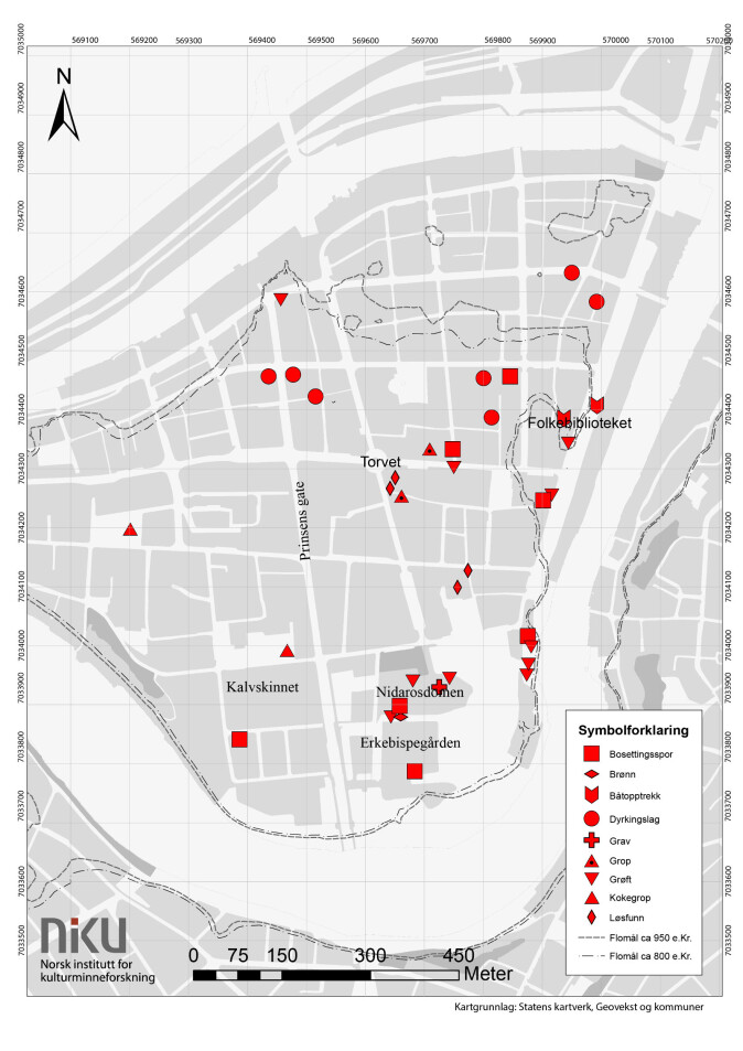 Arkeologiske funn med datering til vikingtid på Nidarneset. Flomål 800 e.Kr. 6 moh. Flomål 950 e.Kr. 5,5 moh. Arkeologiske funn med datering til vikingtid på Nidarneset. Flomål 800 e.Kr. 6 moh. Flomål 950 e.Kr. 5,5 moh.